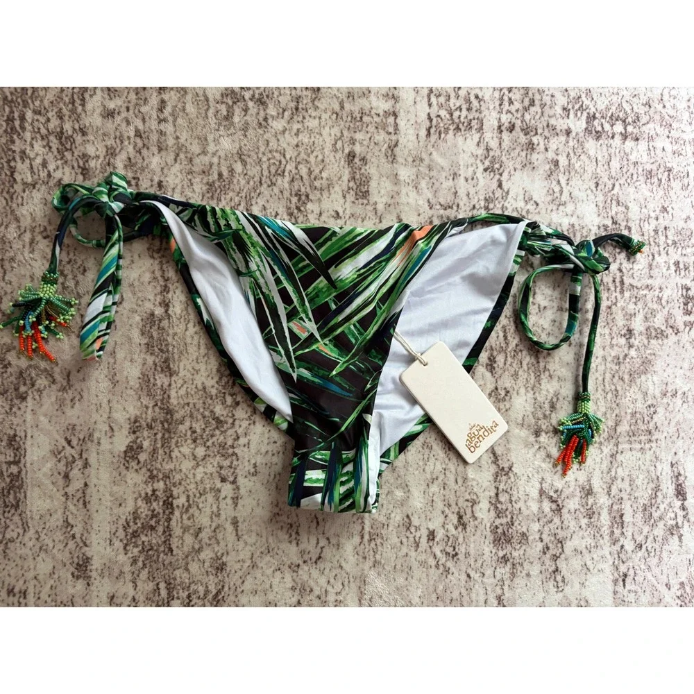 Agua Bendita Bikini Bottom‎ Tropical Print Beaded Tassels Side Ties Sz Large NWT
